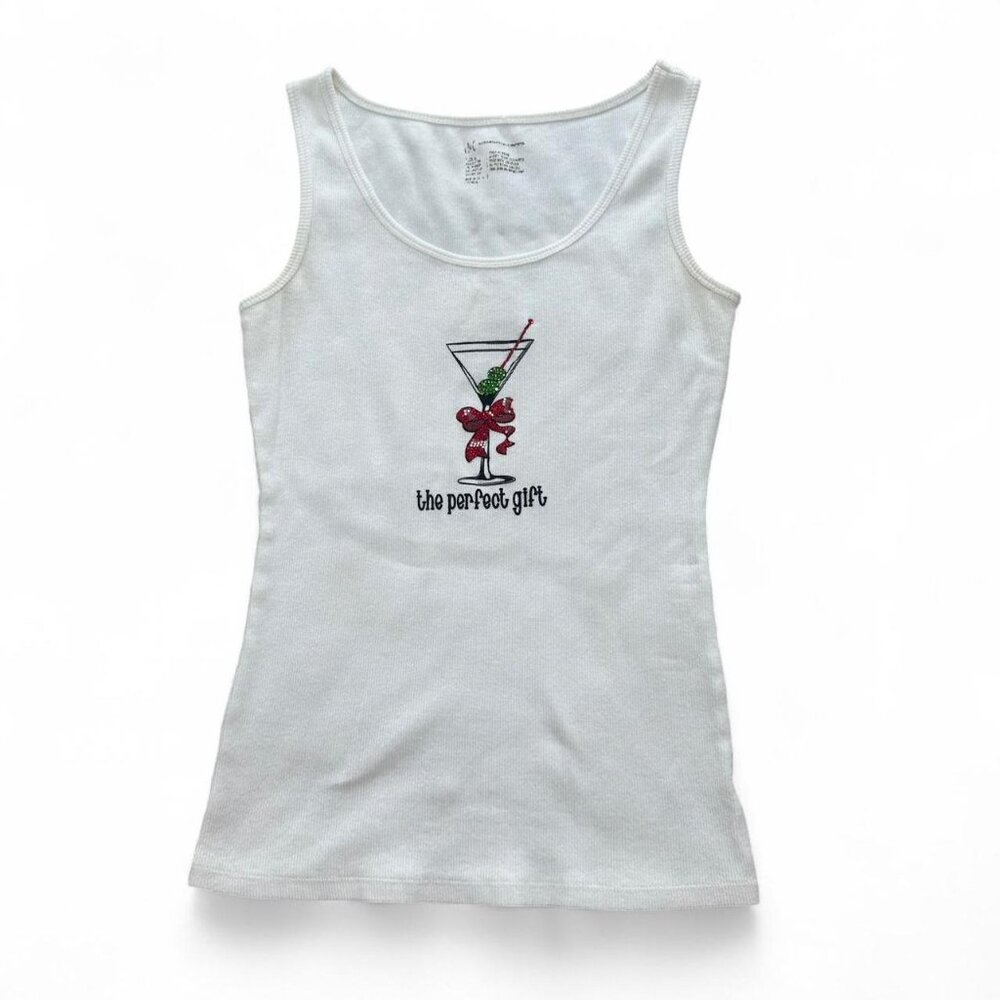 Vintage INC White tank top with "The Perfect Gift" & martini, bow, & rhinestones